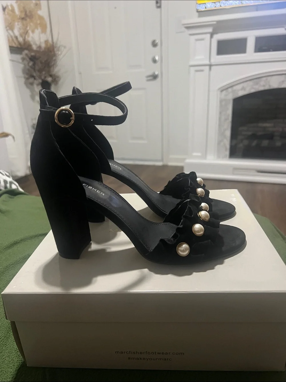 Marc Fisher Black Suede Pearl-Trim Ankle Strap Heels